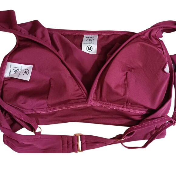 NWT Modern Collective Ruched Ruffle Bikini Set M Wine V-Neck High Waist Swimsuit - Picture 7 of 8